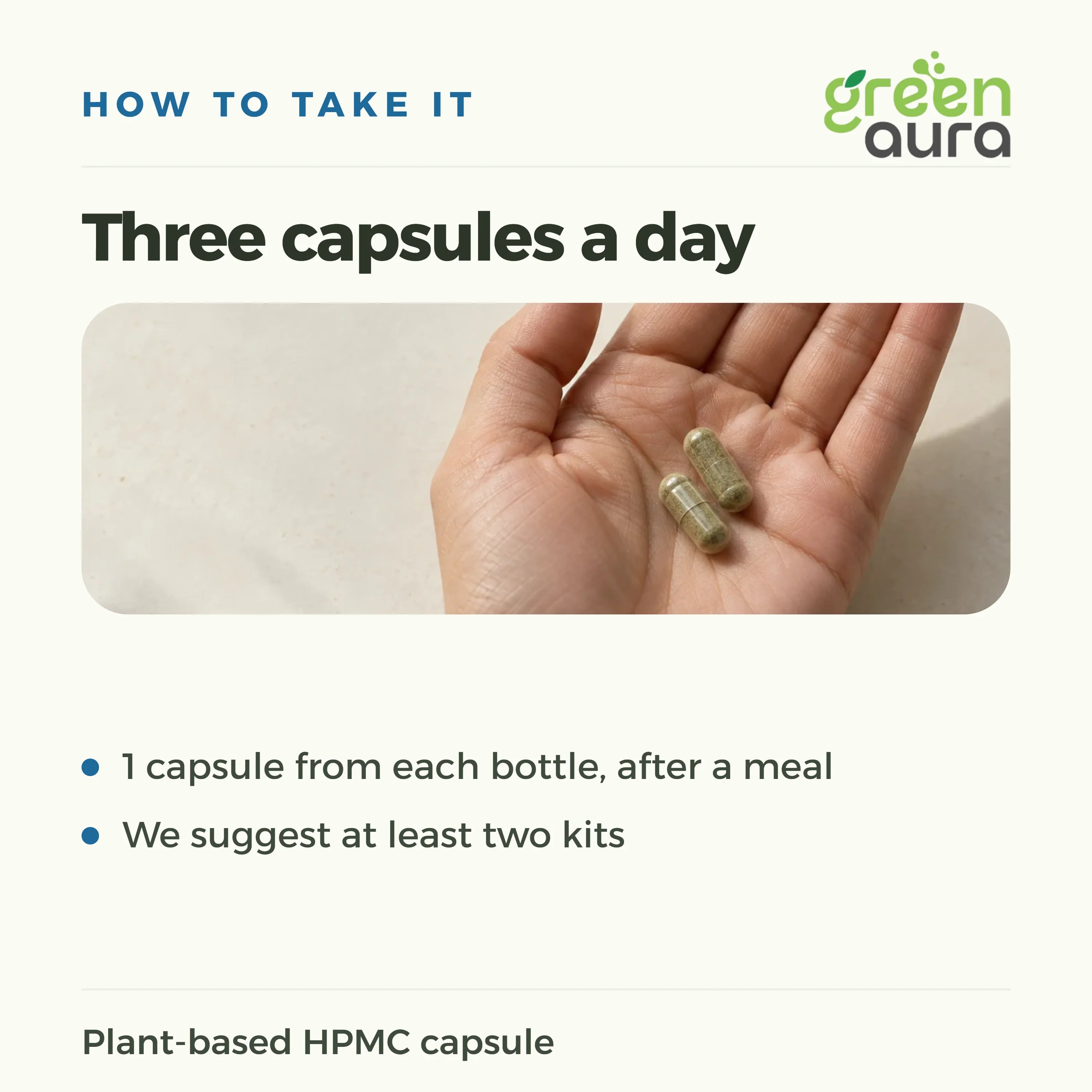 How to take the Brain Health Kit: one capsule from each bottle daily after a meal, three capsules a day